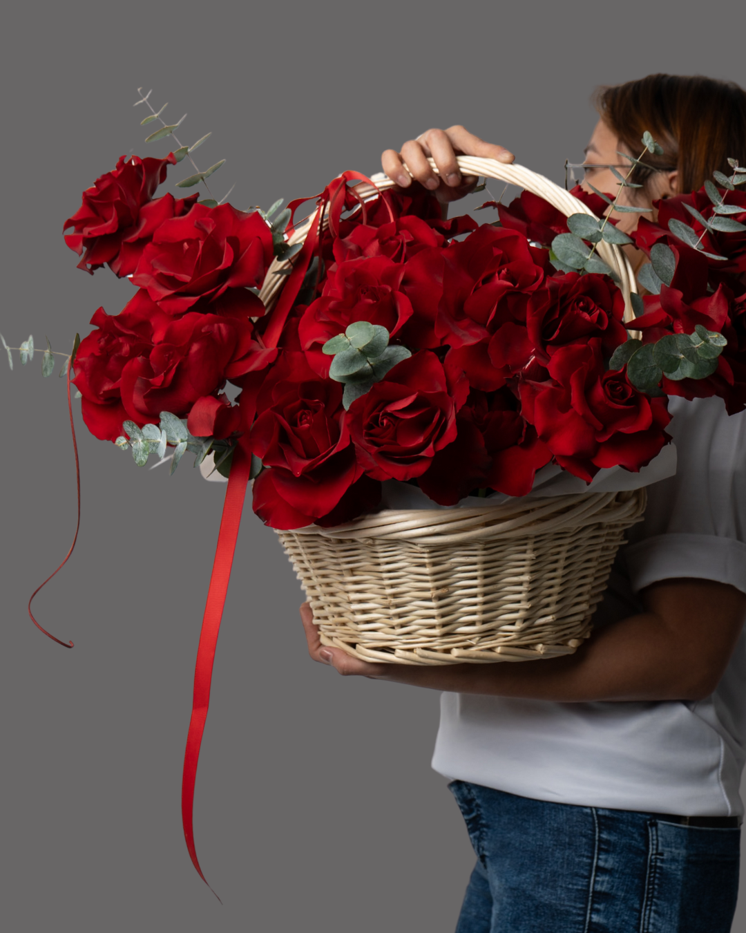 Red Velvet Rose Basket - tanella flowers